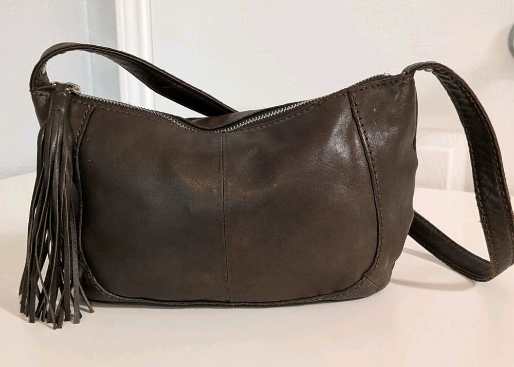 HOBO The Original Brown Leather Hobo Shoulder Bag Y2K Boho Tassel